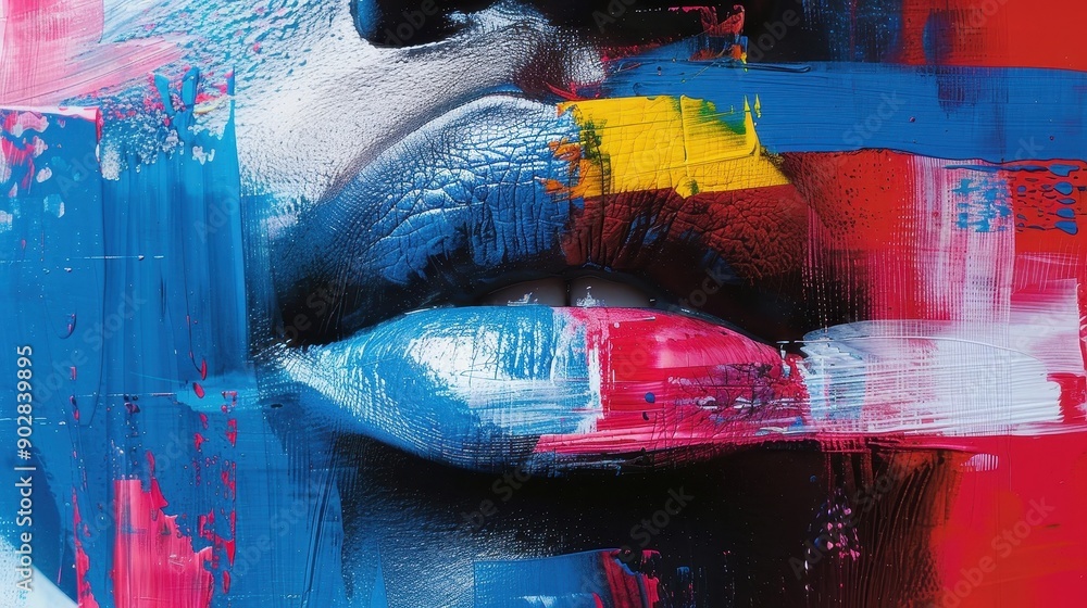 Poster this close-up image showcases lips painted with bold, vibrant hues of blue and red, creating a visua