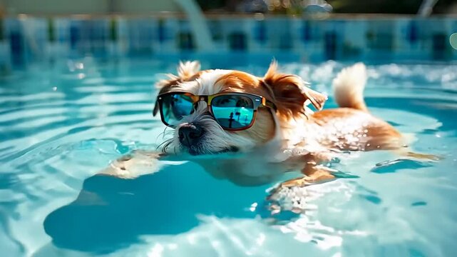 Cool dog swimming in pool with sunglasses