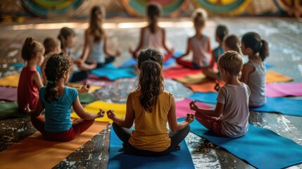 Group of children sitting in a circle on colorful yoga mats practicing mindfulness and wellness through yoga in a natural outdoor environment