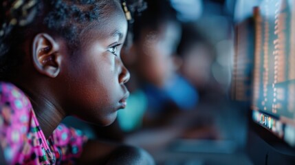 Obraz premium Several children are concentrated on coding tasks displayed on computer screens in a dark environment, indicating a modern and engaging learning experience involving technology.