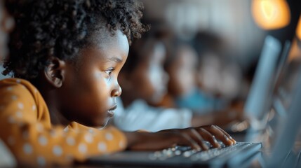 A child is shown intently typing on a computer keyboard amidst a modern, well-lit setting, surrounded by other children engaged in similar activities, depicting focus and technology use.