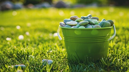 Fototapeta premium A grass green bucket packed with small, hand-painted stones is set on a grassy lawn, ready for a fun backyard game.