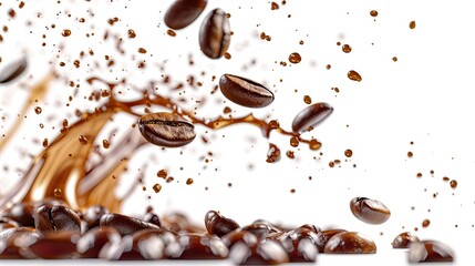 Obraz premium Coffee beans in a dynamic, explosive splash, isolated on a transparent background, creating a sense of motion and freshness.