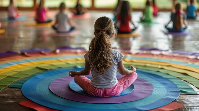 A diverse group of children sitting in a circle on colorful yoga mats practicing various yoga poses and meditation creating a serene and inclusive environment for wellness and mindfulness
