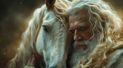 Obraz premium Elderly man with long white hair and beard is embracing a white horse with his eyes closed in a heartfelt moment