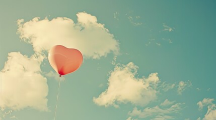 Fototapeta premium A pink love heart-shaped balloon floats against a pale blue sky, with fluffy white clouds in the background.