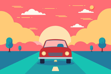 Fototapeta premium Cartoon car driving down the road to the horizon and rising sun. Retro flat styled concept of travel, on vacation