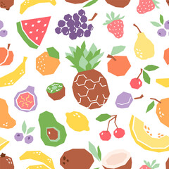 Fruits cartoon seamless pattern, geometric print for fabric, paper, design. Tropical fruits background isolated on white. Vector illustration