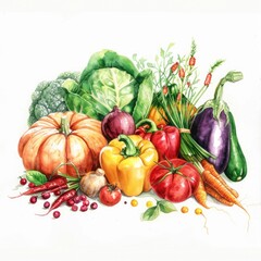 Autumn Harvest Picnic: Watercolor Illustration of Fresh Vegetables and Fruits for a Thanksgiving Feast
