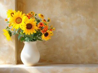 Vase with bright sunflowers against a textured wall