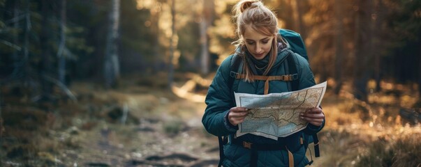 Woman planning her next hiking expedition and studying a map in a serene wooded environment  Exploring the outdoors navigating new trails and immersing herself in nature
