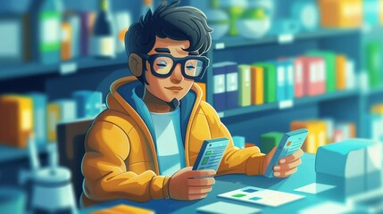 A cartoon illustration of a student in a library setting, using a mobile phone to manage their tasks and schedule.