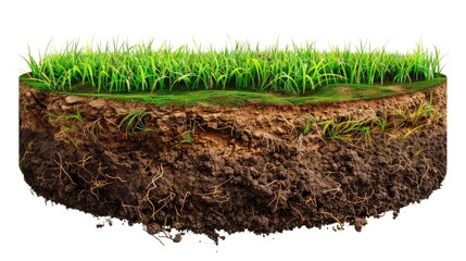 Cross-sectional view of a circular garden land layer, featuring rich soil and green grass, isolated on white.