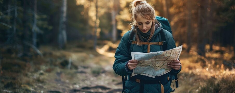 Woman planning her next hiking expedition and studying a map in a serene wooded environment  Exploring the outdoors navigating new trails and immersing herself in nature