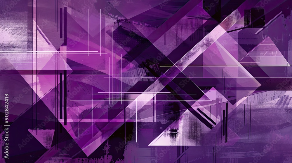 Poster a purple background with geometric shapes and lines in contrasting shades, adding a modern and sophi