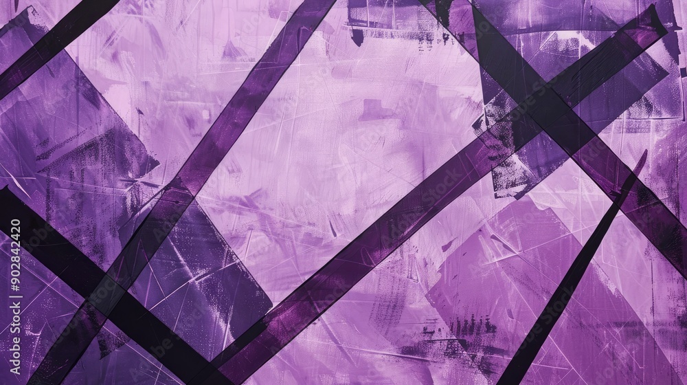 Poster a purple background with geometric shapes and lines in contrasting shades, adding a modern and sophi