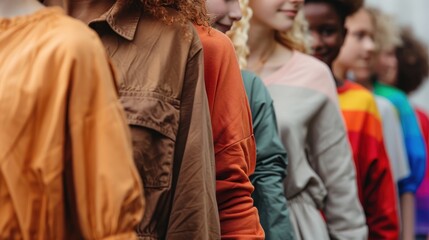 Fototapeta premium A diverse group of individuals standing in a row, showcasing vibrant and varied clothing styles, representing unity, diversity, and fashion in a dynamic visual composition.