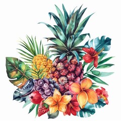 Obraz premium Botanical Bouquet. Watercolor Illustration of Tropical Fruit with Vibrant Flowers and Leaves
