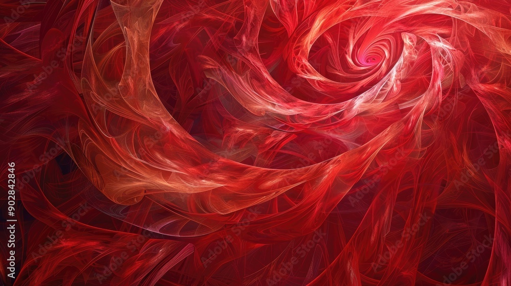 Poster a red background with abstract, swirling patterns in varying shades of red, creating a dynamic and e