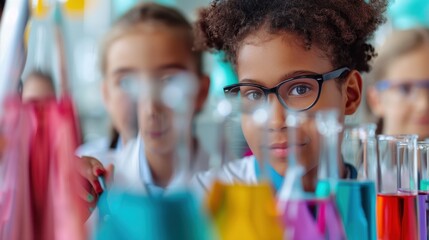 Kids deeply engaged in a science experiment, using colorful liquids and glass beakers in a laboratory setting. It's an educational and fun moment captured perfectly in this image.