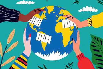 An illustration depicting diverse hands holding a globe, each hand placing a piece of paper representing plastic waste onto the globe.
