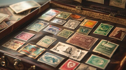 An exquisite collection of international stamps displayed in a vintage case, highlighting diverse designs and historical significance from around the globe