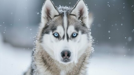 Obraz premium A regal Siberian Husky with striking blue eyes, standing in a snowy landscape.