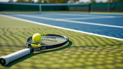 Tennis racket and ball lie on the tennis court