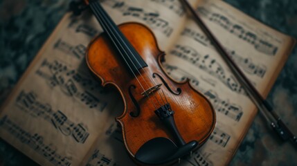 Naklejka premium A beautifully crafted violin resting on sheet music