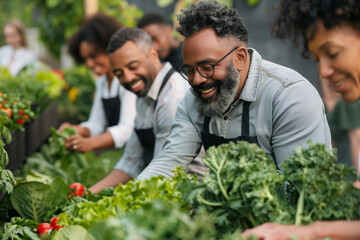 A group of middle-aged people happily harvesting vegetables together. The focus is on a smiling man with glasses and a beard, showcasing the joy and satisfaction of community gardening.
