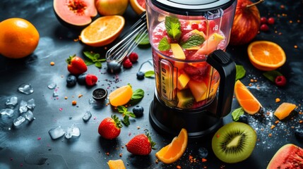 A high-speed blender in action, blending a colorful mix of fruits into a smoothie