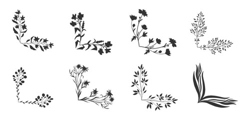 Floral branch corners set. Vector isolated botanical borders collection