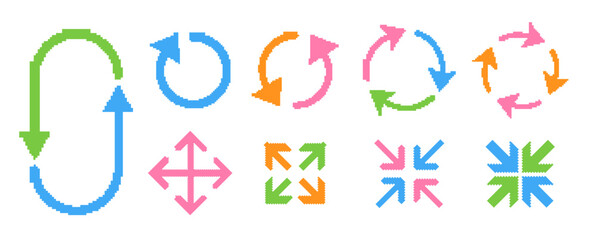 Pixelated arrows collection. Colorful square dots arrow set	