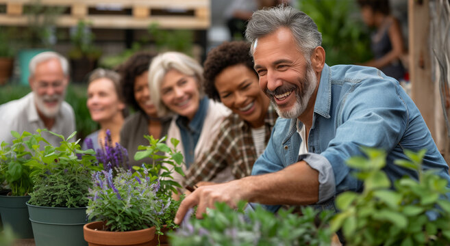 A close-up of a diverse group of middle-aged adults smiling and enjoying their time while gardening together, happiness, community and collaboration in a beautiful garden setting