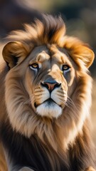 Majestic lion age and breed hinted by golden mane with dark ends intensely stares directly at viewer in a natural setting of savanna or grassland.