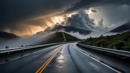 misty mountain road with dramatic clouds