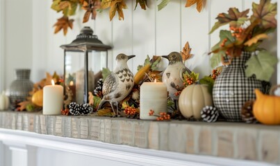 Close-up of a Thanksgiving fireplace decorated with a fall wreath