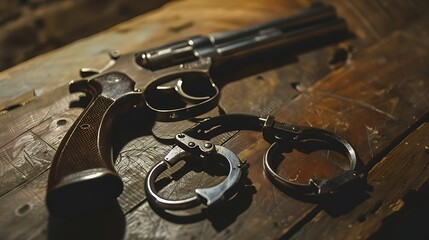 Obraz premium Handcuffs and sniper gun on the table