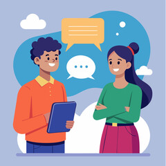 Fototapeta premium People having a conversation with speech bubbles, flat characters illustration. Dialogue of friends, or colleagues