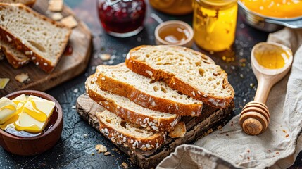 A selection of artisan bread slices with various spreads, such as butter, jam, and honey.