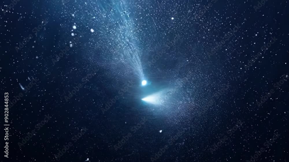 Poster in a dark abyss beams of light shoot out from countless particles creating a dazzling and hypnotic e