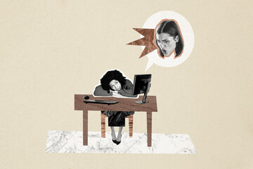 Creative collage picture young woman office worker failure project manager boss businesswoman yell...