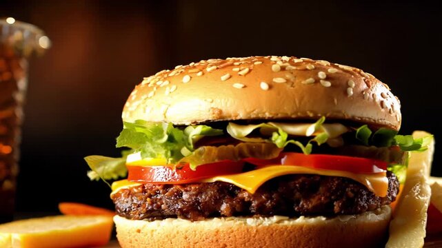 Slowmotion food: perfect hamburger meal, dolly out.