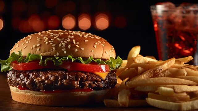 Slowmotion food: perfect hamburger meal, dolly out.