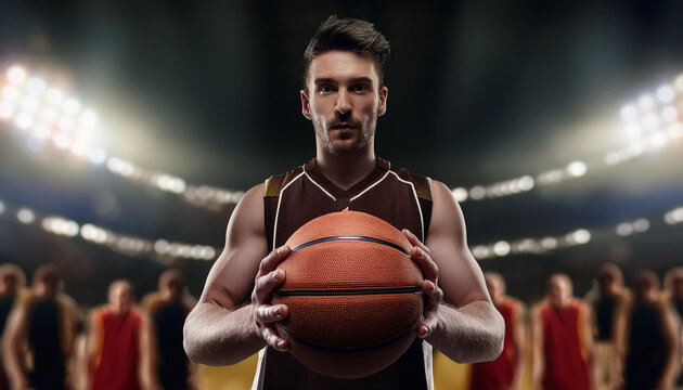 Portrait photo of a basketball player holding a basketball, blurred background with fans