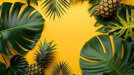 A sunny yellow background with tropical leaves and a pineapple, evoking a summer and vacation vibe.