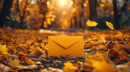 A golden envelope lies amidst scattered autumn leaves on a forest path, capturing the essence of fall with a beautiful interplay of light, color, and nature's elements.
