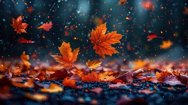 This image captures the dramatic descent of autumn leaves amidst a dark background, showcasing the rich colors of fall and the poignant beauty of nature's transition.