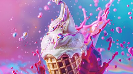 Ice Creams in Waffle Cone with Dynamic Milk Splashes