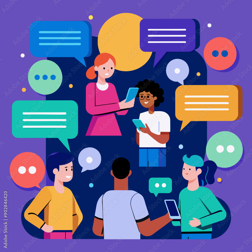 Poster characters conversation concept with people and speech bubbles. colleagues discuss business informat